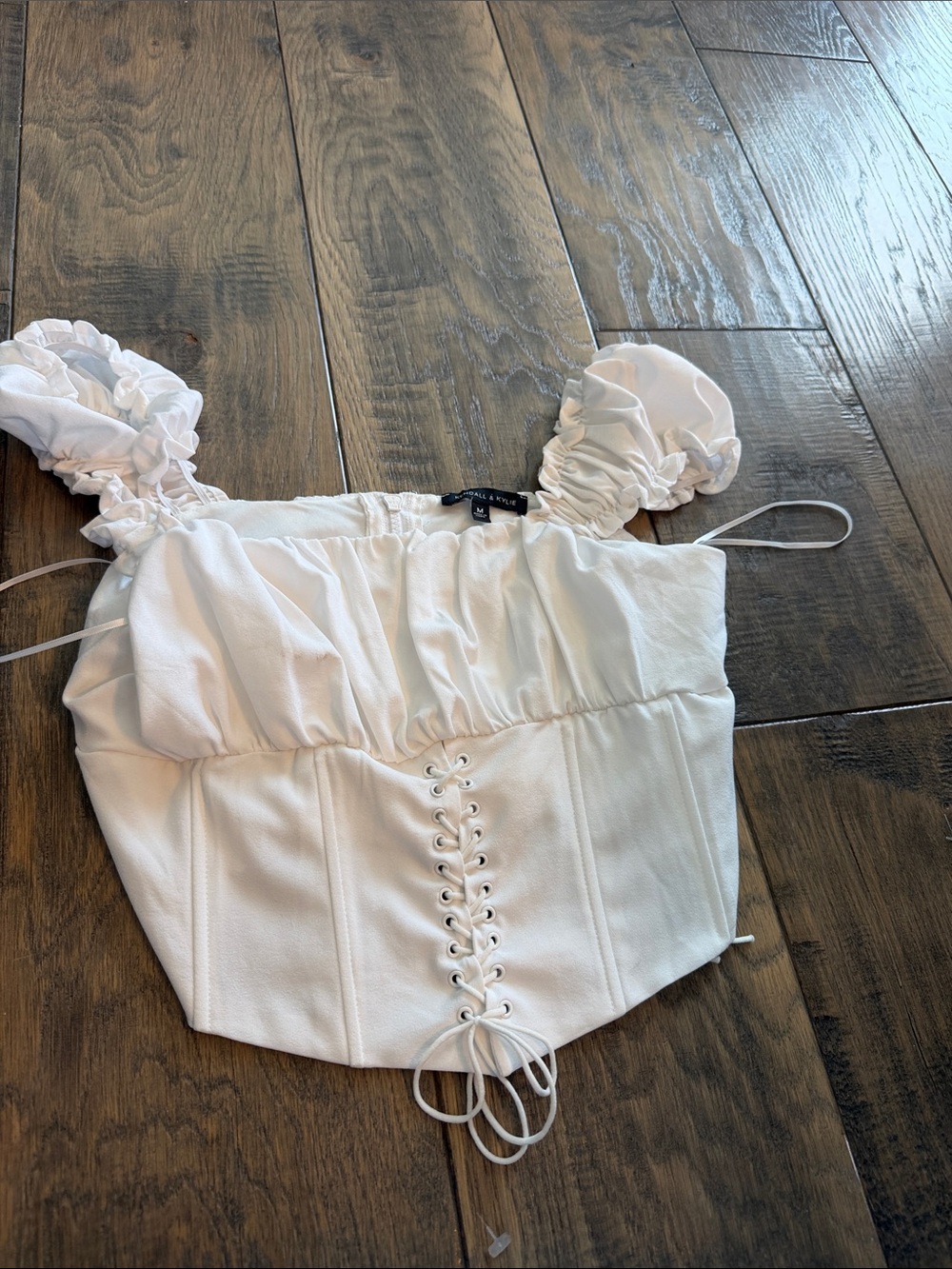 Kendall & Kylie White Ruched Lace-Up Crop Top